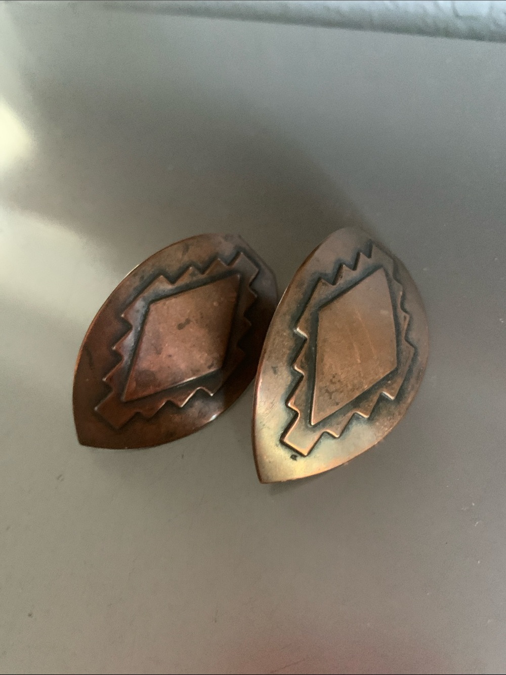 Large Copper Aztec post earrings! Vintage! Cool!
